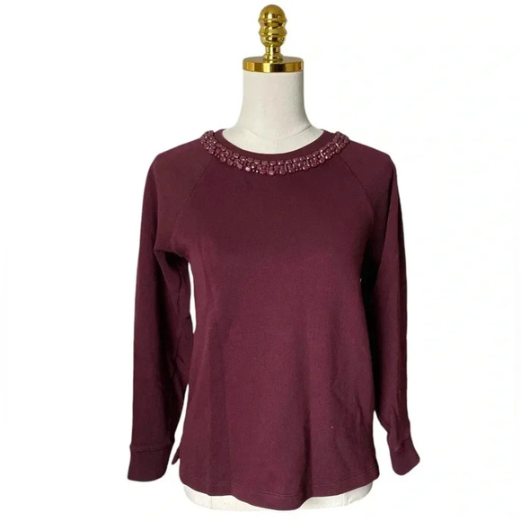 J CREW | Women’s Embellished Crewneck Sweater in 100% Cotton Wine Red Size S - Picture 1 of 8
